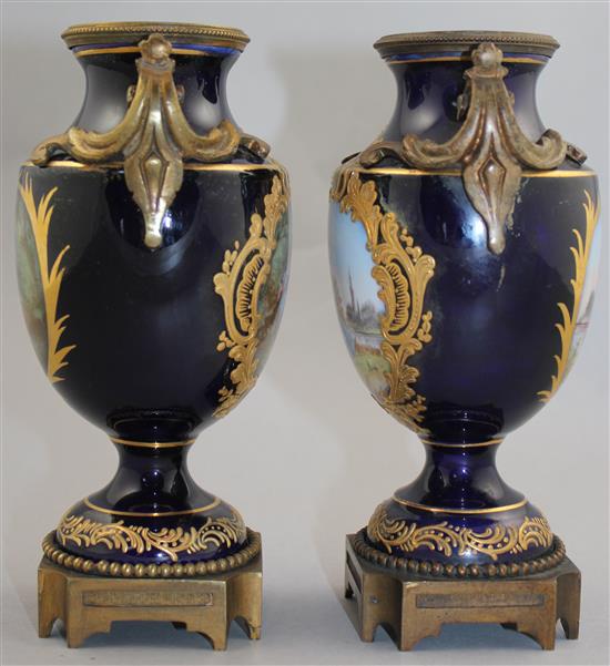 A pair of Sevres style ormolu mounted cobalt vases, late 19th century, 18.5cm